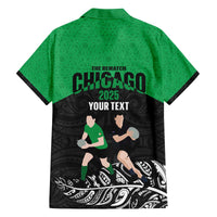 New Zealand and Ireland Rugby Custom Family Matching Off The Shoulder Long Sleeve Dress and Hawaiian Shirt Chicago 2025 Go All Black Shamrocks - Polynesian Pride