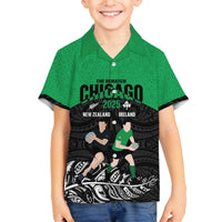 New Zealand and Ireland Rugby Custom Family Matching Off The Shoulder Long Sleeve Dress and Hawaiian Shirt Chicago 2025 Go All Black Shamrocks - Polynesian Pride