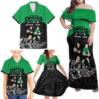 New Zealand and Ireland Rugby Custom Family Matching Off Shoulder Maxi Dress and Hawaiian Shirt Chicago 2025 Go All Black Shamrocks - Polynesian Pride