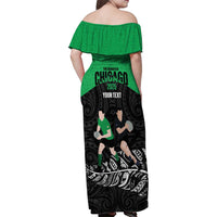 New Zealand and Ireland Rugby Custom Family Matching Off Shoulder Maxi Dress and Hawaiian Shirt Chicago 2025 Go All Black Shamrocks - Polynesian Pride