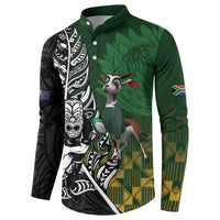New Zealand and South Africa Rugby Custom Button Sweatshirt Maori Tiki Fern Springboks Kente Pattern - Polynesian Pride