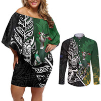 New Zealand and South Africa Rugby Custom Couples Matching Off Shoulder Short Dress and Long Sleeve Button Shirt Maori Tiki Fern Springboks Kente Pattern - Polynesian Pride