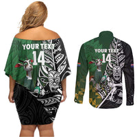 New Zealand and South Africa Rugby Custom Couples Matching Off Shoulder Short Dress and Long Sleeve Button Shirt Maori Tiki Fern Springboks Kente Pattern - Polynesian Pride