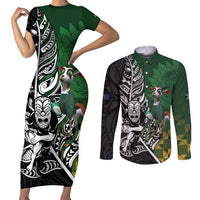 New Zealand and South Africa Rugby Custom Couples Matching Short Sleeve Bodycon Dress and Long Sleeve Button Shirt Maori Tiki Fern Springboks Kente Pattern - Polynesian Pride