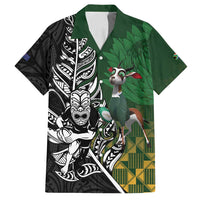 New Zealand and South Africa Rugby Custom Family Matching Off Shoulder Maxi Dress and Hawaiian Shirt Maori Tiki Fern Springboks Kente Pattern - Polynesian Pride