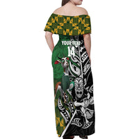 New Zealand and South Africa Rugby Custom Family Matching Off Shoulder Maxi Dress and Hawaiian Shirt Maori Tiki Fern Springboks Kente Pattern - Polynesian Pride