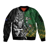 New Zealand and South Africa Rugby Custom Sleeve Zip Bomber Jacket Maori Tiki Fern Springboks Kente Pattern - Polynesian Pride