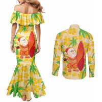 Aloha Hawaii Christmas Couples Matching Mermaid Dress and Long Sleeve Button Shirt Mele Kalikimaka Funny Santa Palaka Quilt Motifs - Polynesian Pride