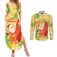 Aloha Hawaii Christmas Couples Matching Summer Maxi Dress and Long Sleeve Button Shirt Mele Kalikimaka Funny Santa Palaka Quilt Motifs - Polynesian Pride