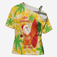 Aloha Hawaii Christmas Cross Shoulder Shirt Mele Kalikimaka Funny Santa Palaka Quilt Motifs - Polynesian Pride