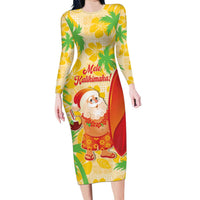 Aloha Hawaii Christmas Long Sleeve Bodycon Dress Mele Kalikimaka Funny Santa Palaka Quilt Motifs - Polynesian Pride