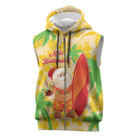 Aloha Hawaii Christmas Sleeveless Zip Hoodie Mele Kalikimaka Funny Santa Palaka Quilt Motifs - Polynesian Pride