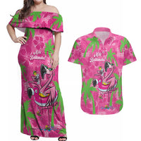 Aloha Hawaii Christmas Couples Matching Off Shoulder Maxi Dress and Hawaiian Shirt Mele Kalikimaka Chill Flamingo Palaka Quilt Motifs - Polynesian Pride