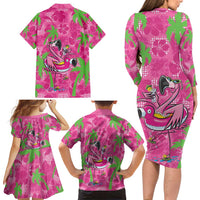 Aloha Hawaii Christmas Family Matching Long Sleeve Bodycon Dress and Hawaiian Shirt Mele Kalikimaka Chill Flamingo Palaka Quilt Motifs - Polynesian Pride