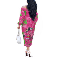Aloha Hawaii Christmas Off The Shoulder Long Sleeve Dress Mele Kalikimaka Chill Flamingo Palaka Quilt Motifs - Polynesian Pride