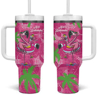 Aloha Hawaii Christmas Tumbler With Handle Mele Kalikimaka Chill Flamingo Palaka Quilt Motifs - Polynesian Pride