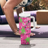 Aloha Hawaii Christmas Tumbler With Handle Mele Kalikimaka Chill Flamingo Palaka Quilt Motifs - Polynesian Pride