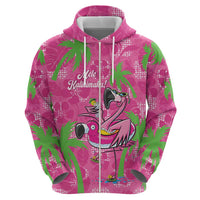Aloha Hawaii Christmas Zip Hoodie Mele Kalikimaka Chill Flamingo Palaka Quilt Motifs - Polynesian Pride