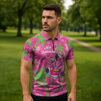 Aloha Hawaii Christmas Zipper Polo Shirt Mele Kalikimaka Chill Flamingo Palaka Quilt Motifs - Polynesian Pride