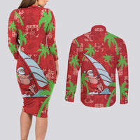 Aloha Hawaii Christmas Couples Matching Long Sleeve Bodycon Dress and Long Sleeve Button Shirt Mele Kalikimaka Windsurfing Santa Palaka Quilt Motifs - Polynesian Pride