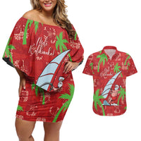 Aloha Hawaii Christmas Couples Matching Off Shoulder Short Dress and Hawaiian Shirt Mele Kalikimaka Windsurfing Santa Palaka Quilt Motifs - Polynesian Pride