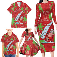 Aloha Hawaii Christmas Family Matching Long Sleeve Bodycon Dress and Hawaiian Shirt Mele Kalikimaka Windsurfing Santa Palaka Quilt Motifs - Polynesian Pride