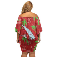Aloha Hawaii Christmas Family Matching Off Shoulder Short Dress and Hawaiian Shirt Mele Kalikimaka Windsurfing Santa Palaka Quilt Motifs - Polynesian Pride