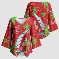 Aloha Hawaii Christmas Kimono Sleeve Blouse Mele Kalikimaka Windsurfing Santa Palaka Quilt Motifs - Polynesian Pride