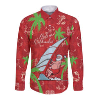 Aloha Hawaii Christmas Long Sleeve Button Shirt Mele Kalikimaka Windsurfing Santa Palaka Quilt Motifs - Polynesian Pride