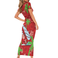 Aloha Hawaii Christmas Short Sleeve Bodycon Dress Mele Kalikimaka Windsurfing Santa Palaka Quilt Motifs - Polynesian Pride