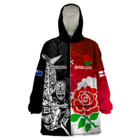 New Zealand And England Rugby Wearable Blanket Hoodie 2023 World Cup All Black Combine Red Roses LT14 One Size Black - Polynesian Pride