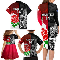 Custom New Zealand And England Rugby Family Matching Long Sleeve Bodycon Dress and Hawaiian Shirt 2023 World Cup All Black Combine Red Roses LT14 - Polynesian Pride