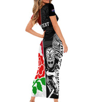 Custom New Zealand And England Rugby Family Matching Short Sleeve Bodycon Dress and Hawaiian Shirt 2023 World Cup All Black Combine Red Roses LT14 - Polynesian Pride