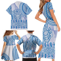 Niue Language Week Family Matching Short Sleeve Bodycon Dress and Hawaiian Shirt The Rock Coconut Crab - Siapo Blue Pastel