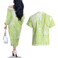 Lime Green Niue Language Week Couples Matching Off The Shoulder Long Sleeve Dress and Hawaiian Shirt The Rock Coconut Crab - Siapo Pattern