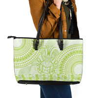 Lime Green Niue Language Week Leather Tote Bag The Rock Coconut Crab - Siapo Pattern