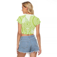 Lime Green Niue Language Week Raglan Cropped T Shirt The Rock Coconut Crab - Siapo Pattern