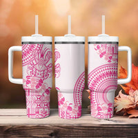 Pink Niue Language Week Tumbler With Handle The Rock Coconut Crab - Siapo Pattern