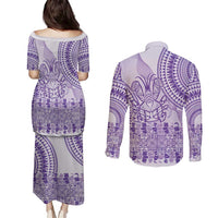 Purple Niue Language Week Couples Matching Puletasi and Long Sleeve Button Shirt The Rock Coconut Crab - Siapo Pattern