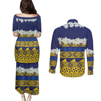 Tokelau Language Week Couples Matching Puletasi and Long Sleeve Button Shirt Tokelauan Tuluma With Gardenia Thunbergia