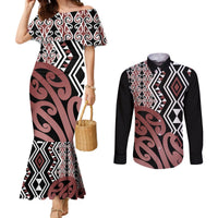 New Zealand Couples Matching Mermaid Dress and Long Sleeve Button Shirt Aotearoa Kowhaiwhai Mix Taniko Art LT14 Brown - Polynesian Pride