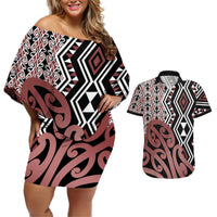 New Zealand Couples Matching Off Shoulder Short Dress and Hawaiian Shirt Aotearoa Kowhaiwhai Mix Taniko Art LT14 Brown - Polynesian Pride