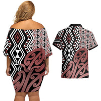 New Zealand Couples Matching Off Shoulder Short Dress and Hawaiian Shirt Aotearoa Kowhaiwhai Mix Taniko Art LT14 - Polynesian Pride