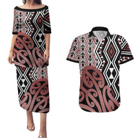 New Zealand Couples Matching Puletasi Dress and Hawaiian Shirt Aotearoa Kowhaiwhai Mix Taniko Art LT14 Brown - Polynesian Pride