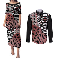 New Zealand Couples Matching Puletasi Dress and Long Sleeve Button Shirt Aotearoa Kowhaiwhai Mix Taniko Art LT14 Brown - Polynesian Pride