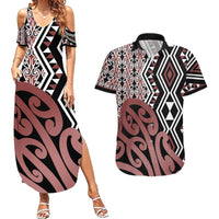 New Zealand Couples Matching Summer Maxi Dress and Hawaiian Shirt Aotearoa Kowhaiwhai Mix Taniko Art LT14 Brown - Polynesian Pride