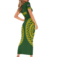 Custom Avaiki Cook Islands Rugby Short Sleeve Bodycon Dress Kuki Airani Tatau Green - Polynesian Pride