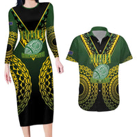 Custom Avaiki Cook Islands Rugby Couples Matching Long Sleeve Bodycon Dress and Hawaiian Shirt Kuki Airani Tatau Black LT14 Black - Polynesian Pride