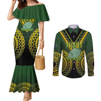 Custom Avaiki Cook Islands Rugby Couples Matching Mermaid Dress and Long Sleeve Button Shirt Kuki Airani Tatau Black LT14 Black - Polynesian Pride