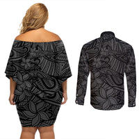 Polynesia Couples Matching Off Shoulder Short Dress and Long Sleeve Button Shirt Polynesian Pattern Mix Plumeria Black LT14 - Polynesian Pride